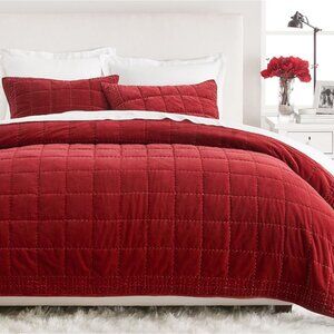 Pottery Barn Velvet Handcrafted Box Stitch Quilt Full/Queen and Euro Shams - Red